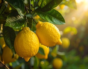 A close-up of two yellow lemons hanging from a tree branch