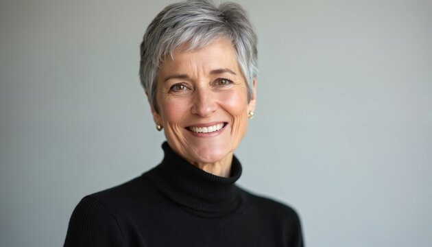 Mature woman with short gray hair smiles warmly in a studio portrait. She wears a black turtleneck and gold earrings. The background is a plain gray wall.