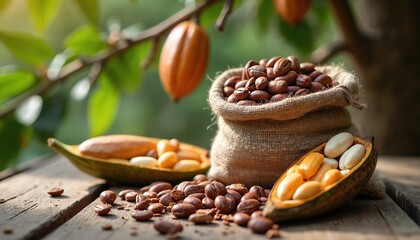 Fototapeta premium Raw cacao beans in burlap sack on wood table with open pod showing pulp and seeds. Cocoa fruits on tree branch above natural background. Fresh, organic ingredient for chocolate.