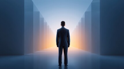 Obraz premium Business professional standing at the end of a futuristic corridor with glowing light, symbolizing opportunity, success, and new beginnings in career paths