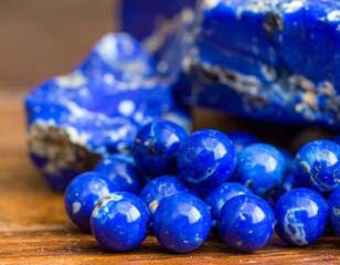 A close-up of vibrant blue beaded jewelry and rough stones