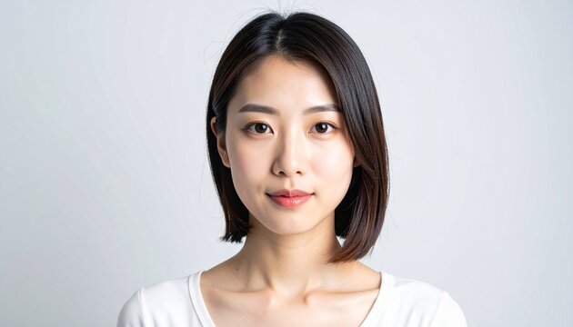 白背景で正面を向く若い女性の証明写真
