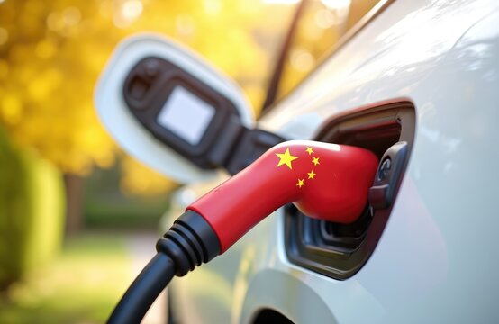 Electric vehicle charging port connected by red cable featuring Chinese flag. Clean energy tech powering auto industry growth in Asian nation.