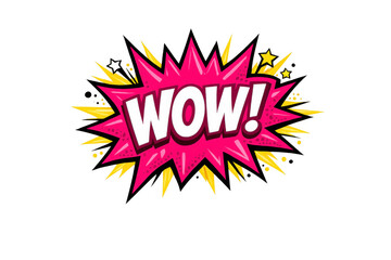 Pop art style wow! speech bubble expressing surprise and excitement, vibrant comic explosion burst with word on transparent background