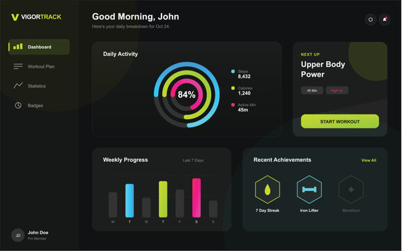 "This high-tech fitness dashboard utilizes a sleek dark-mode aesthetic, punctuated by high-contrast neon highlights in cyan, magenta, and lime green. The visual mood is one of modern, data-driven