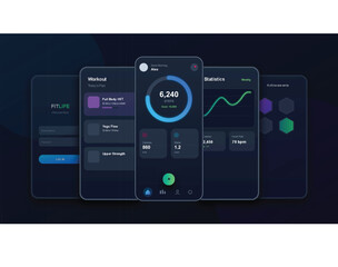 "The visual mood is high-tech, sophisticated, and highly motivating. It employs a dark mode glassmorphism aesthetic with vibrant neon blue, green, and purple gradients that pop against the deep 