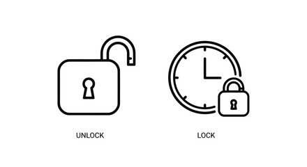 Fototapeta premium Padlock icons in simple line art style with unlocked and locked states in black on white background for security interface