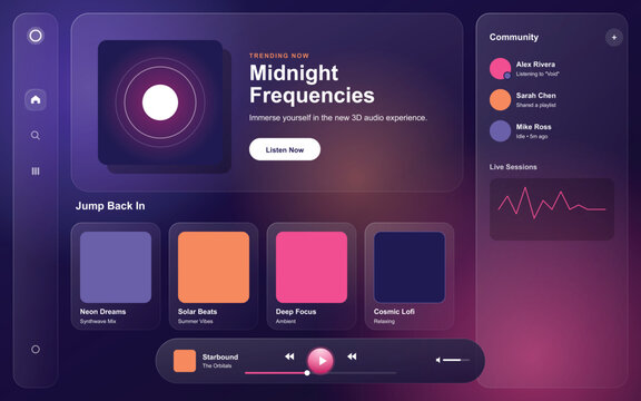 "A sleek and immersive music streaming dashboard utilizing a sophisticated glassmorphism aesthetic. The design features a deep purple and pink gradient color palette, creating a high-tech, late-night 