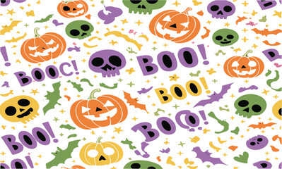 Seamless Halloween flat vector pattern with pumpkins, skulls, bats, stars, and boo text on white background