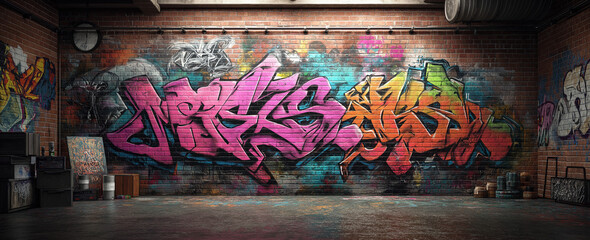 Naklejka premium A vibrant graffiti mural adorns a brick wall in an urban warehouse setting.