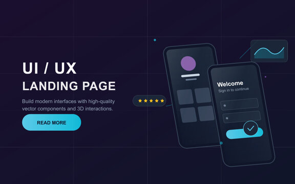 "A sleek and futuristic landing page design for a UI/UX agency. The visual mood is high-tech and sophisticated, utilizing a dark theme with vibrant cyan and purple gradients. 