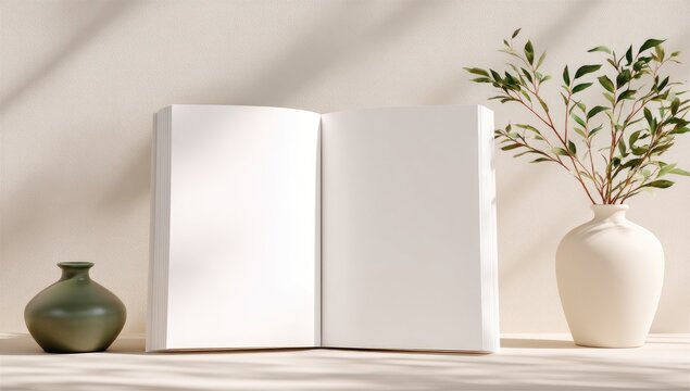 Open book, light beige background, greenery, muted tones