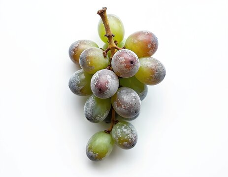 Cluster of green grapes shows powdery mildew disease on white background. Uncinula necator fungus affects ripening fruit on vine. Vine disease impacting grape harvest quality.