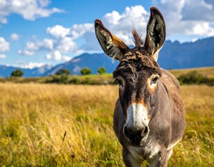 A close-up portrait of a donkey in a serene natural landscape with mountains
