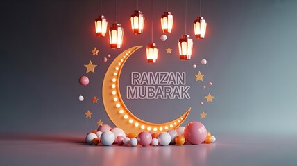 Golden crescent moon with Ramzan Mubarak text and hanging lanterns on a grey background