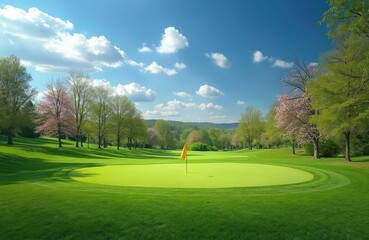 Obraz premium Green golf course with flag on putting green. Lush trees and blue sky with white clouds create serene spring landscape. Perfect for sports or nature content.