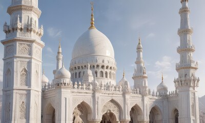 Fototapeta premium White marble facade with intricate domes and minarets, Ottoman, religion
