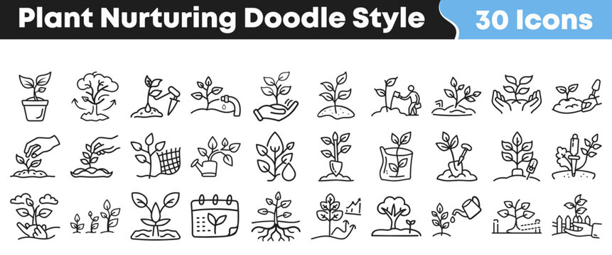 Collection of thirty detailed doodle style black and white icons illustrating various stages of plant nurturing and gardening processes