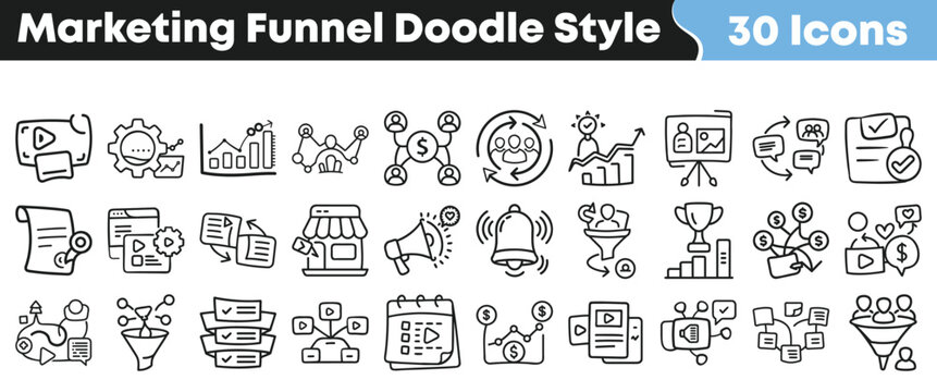 Collection of thirty hand drawn doodle style icons representing various stages and concepts within the complete digital marketing funnel process