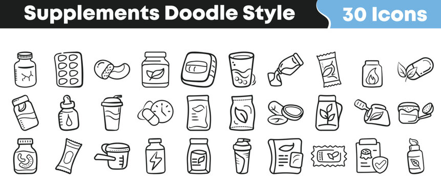 Collection of thirty hand drawn doodle style icons representing various dietary supplements fitness nutrition and health products