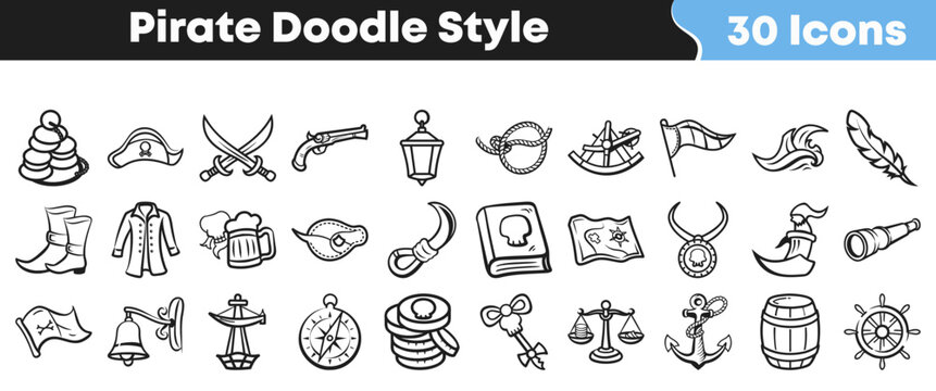 Collection of thirty hand drawn pirate themed doodle icons featuring classic maritime symbols and adventure equipment for graphic design use