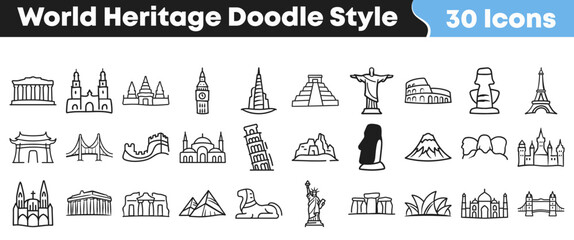 Collection of thirty unique doodle style icons representing famous world heritage sites and global architectural landmarks for travel graphics © Vectoravec