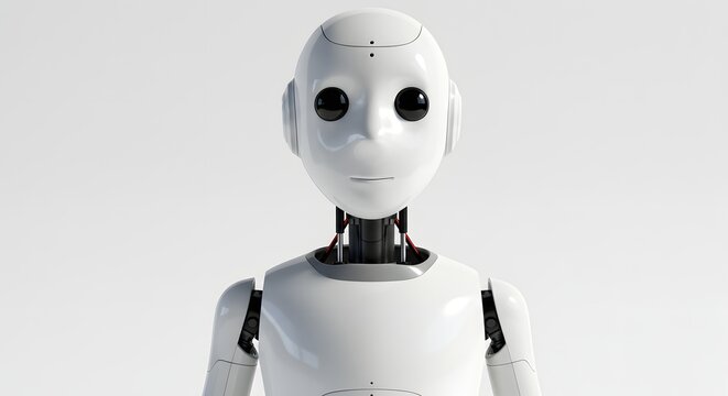 Front-facing portrait of a humanoid robot with a smooth, white exterior, gazing at the viewer