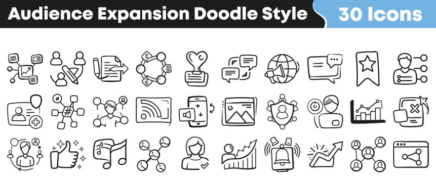 Hand drawn doodle style icons representing audience expansion growth marketing and social media connection strategies for business