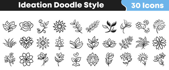 Collection of thirty doodle style black and white icons featuring various botanical elements like flowers leaves and delicate natural designs © Vectoravec