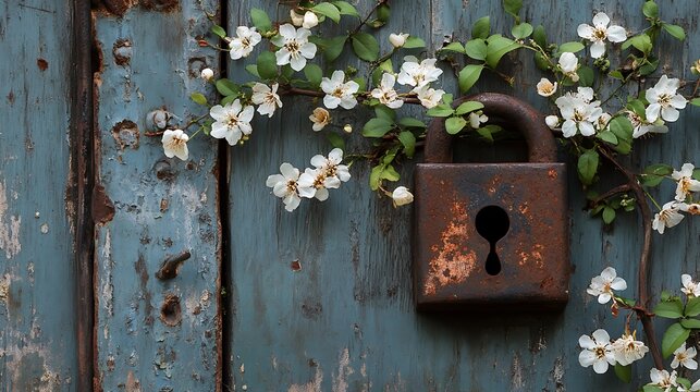 Rustic padlock and blossoms on weathered blue surface for conceptual design