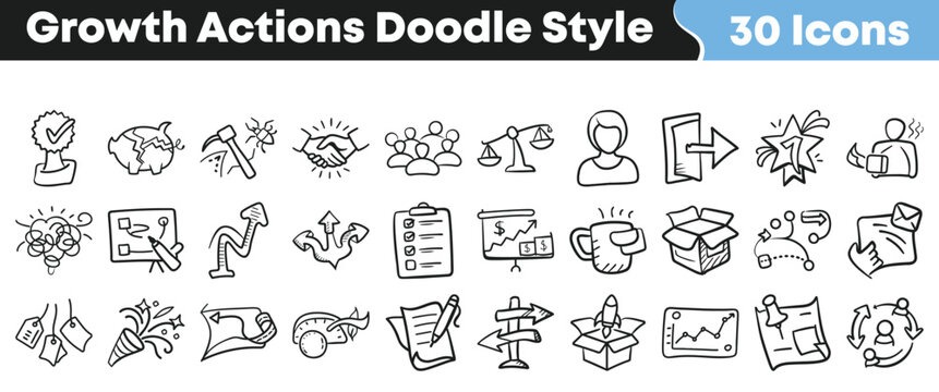 Thirty hand drawn doodle style icons representing various essential business growth actions and abstract concepts for presentations.