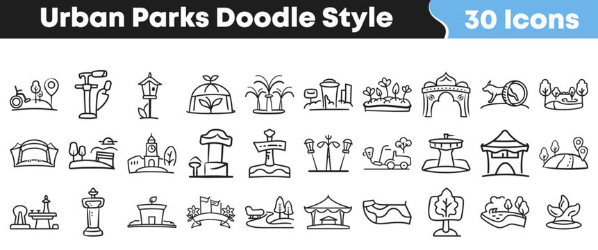 Collection of thirty distinct urban park doodle style icons representing various outdoor recreation and landscape elements