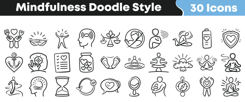 Thirty unique hand drawn doodle style icons illustrating concepts related to mindfulness self care balance and mental wellbeing