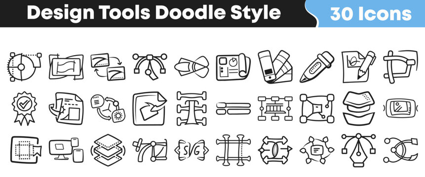 Collection of thirty hand drawn doodle style icons representing various essential design tools and creative application features for graphic projects
