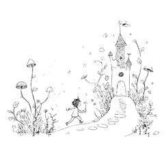 Obraz premium Little Boy Running Towards Fairy Castle in Garden