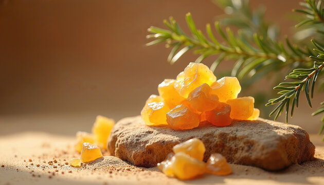 Amber frankincense resin pieces are piled on rough stone. A pine branch hangs above the aromatic incense material. Its natural scent is used for meditation.