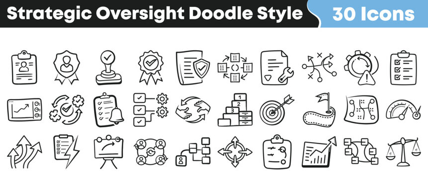 Hand drawn doodle style icons representing strategic oversight management goal setting planning and process optimization concepts collection