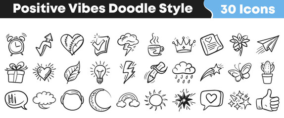 Collection of thirty hand drawn black and white doodle style icons representing positive vibes for creative projects