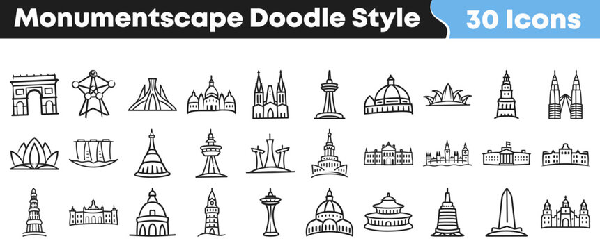 Collection of thirty detailed doodle style vector icons representing famous international monuments and architectural landmarks from around the world.