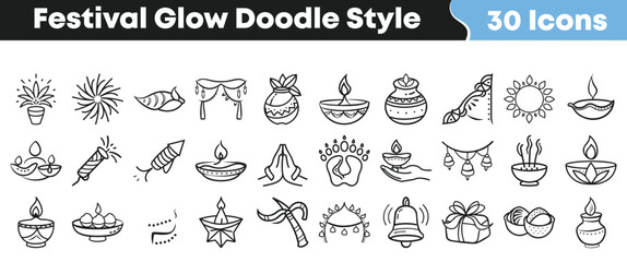 Collection of thirty hand drawn doodle style icons representing various elements associated with traditional indian festivals and celebrations