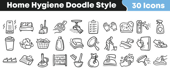 Thirty black and white doodle style icons representing various essential home hygiene tasks and cleaning supplies for household maintenance