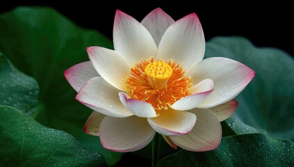 Close-up of a pristine, white lotus flower with pink edges, vibrant yellow center, and dark green leaves