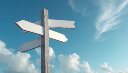 Weathered wooden signpost with blank white arrows points different ways against blue sky with clouds. Offers choices for travel path decisions or custom messages.