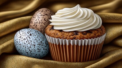 A moist cupcake topped with creamy swirls sits beside speckled eggs on shimmering gold fabric, creating a rich, celebratory dessert scene perfect for spring promotions or party graphics.