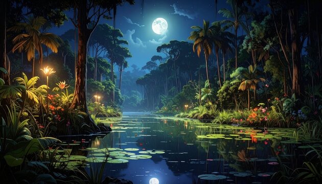 Tropical Jungle Lake at Night with Full Moon and Glowing Fireflies Scenic Landscape