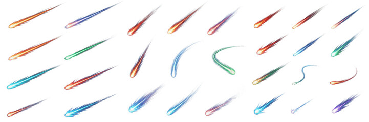 : Large collection of colorful meteor trails and falling stars, glowing comet tails and shooting star light effects, isolated on white background. © Ibrar