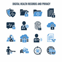 Collection of digital health records and privacy icons set in blue tones representing security and confidentiality