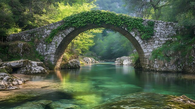 Stone arch bridge over tranquil river surrounded by lush greenery and trees