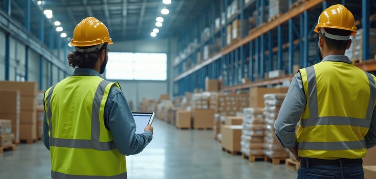 Two men in safety vests and hard hats check inventory inside a large warehouse. One man holds a tablet looking at data. Boxes are stacked on shelves and pallets.