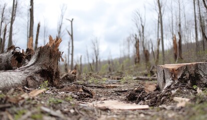 Fototapeta premium Forest ravaged by storm; fallen trees, stumps